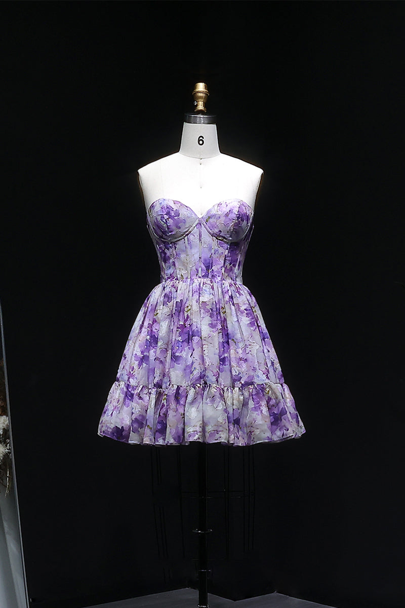 Lavender Lilac Watercolor Floral Strapless Mini Homecoming Dress RM130 Sheer Fairy