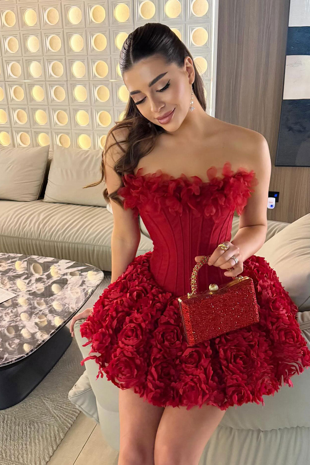 Red Strapless Corset 3D Flower Mini Short Homecoming Dress RM201 Sheer Fairy