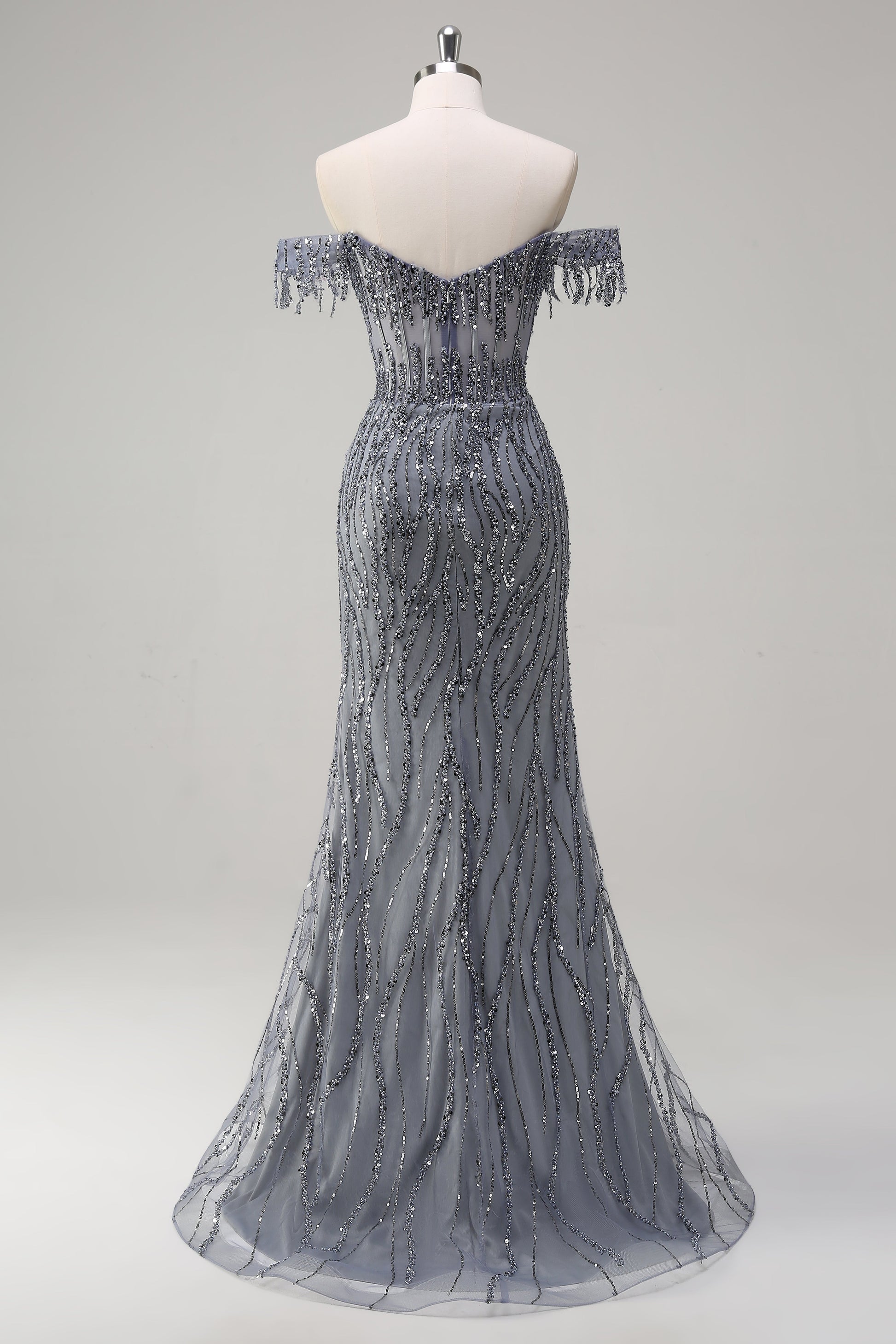 Sequined Off-the-shoulder Mermaid Prom Dress with High Slit SH461 Sheer Fairy