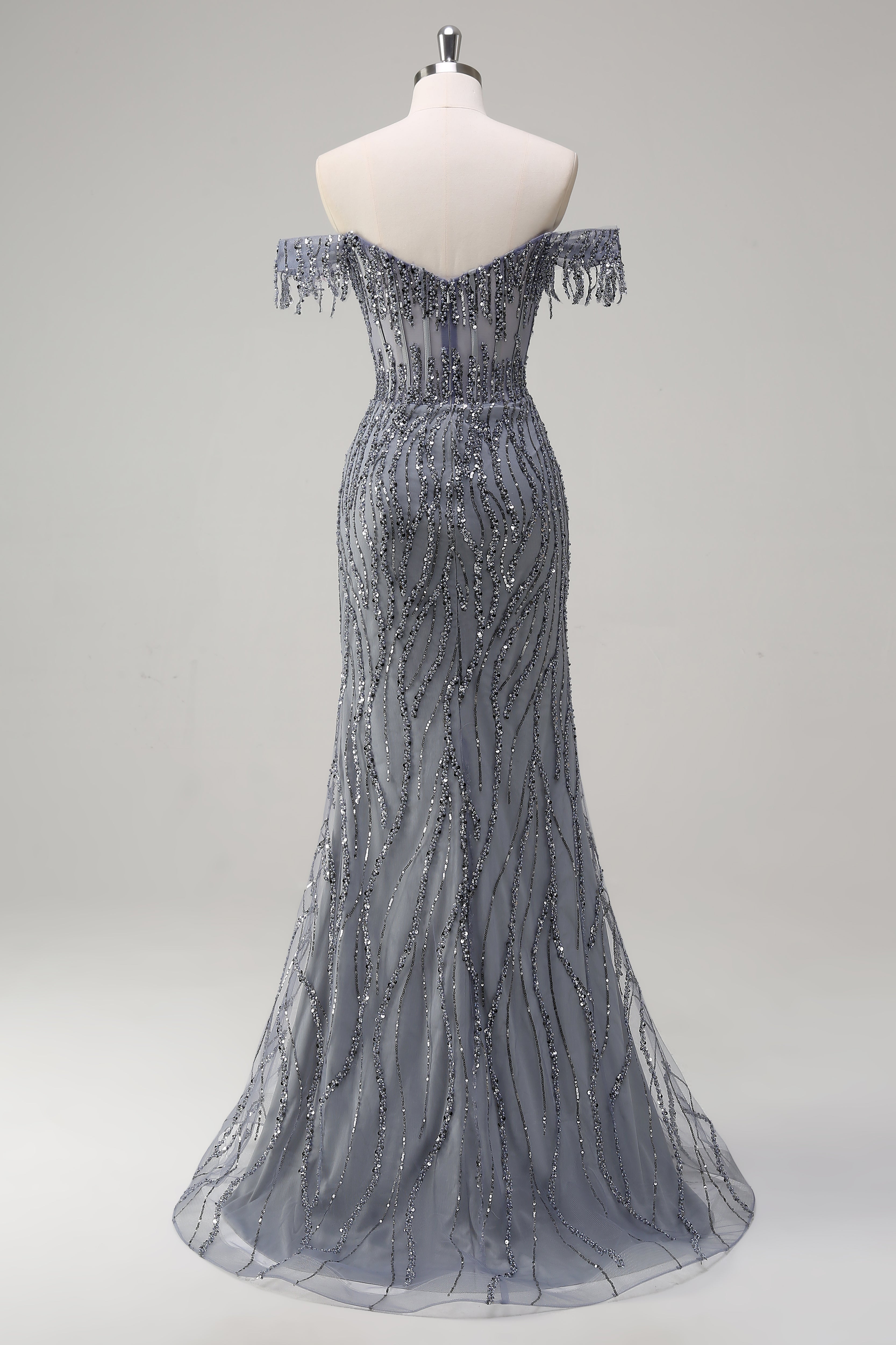 Sequined Off-the-shoulder Mermaid Prom Dress with High Slit SH461 Sheer Fairy