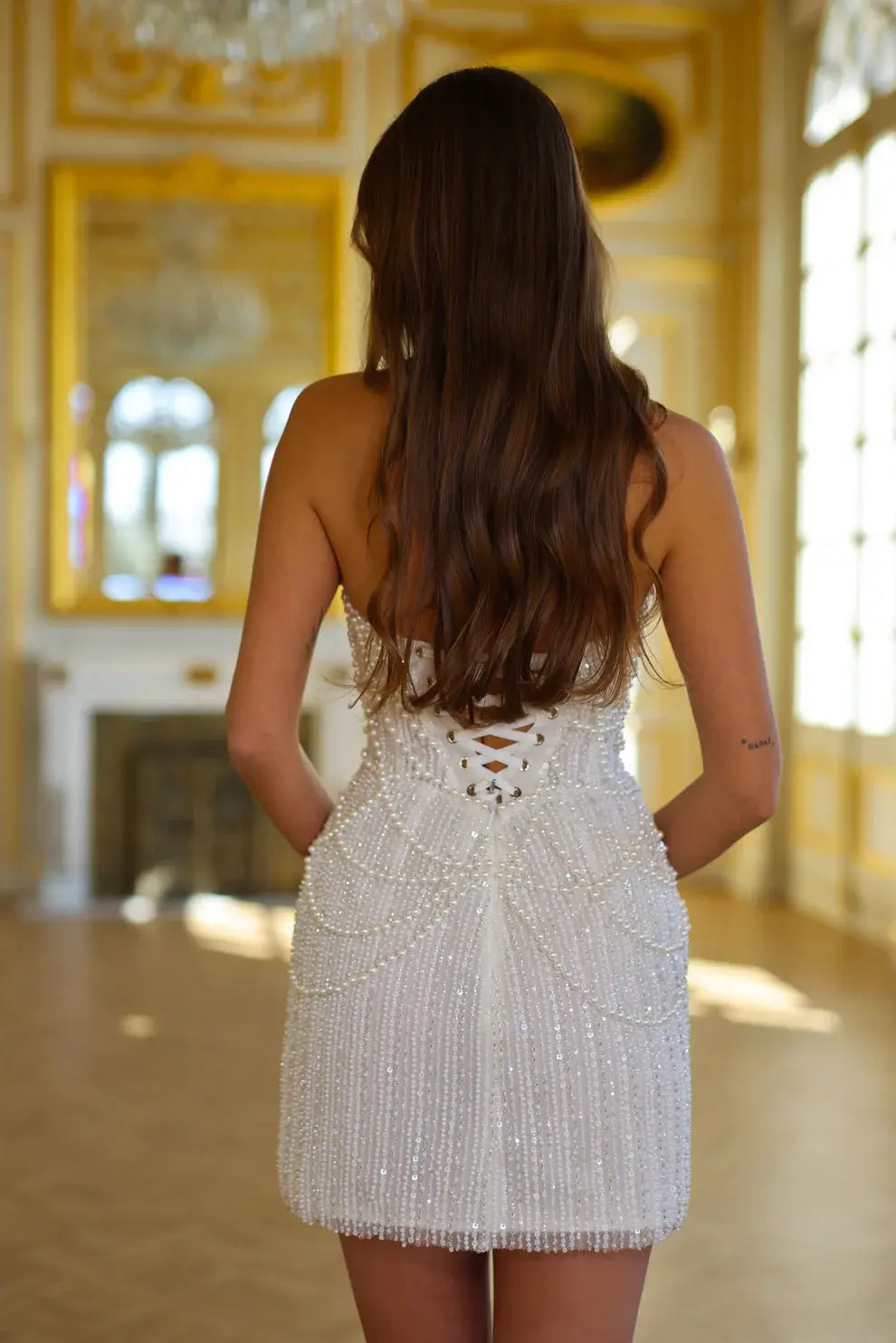 Luxury Strapless Beaded Short Wedding Dress SW086 SHEER FAIRY Luxury Strapless Beaded Short Wedding Dress SW086 SHEER FAIRY