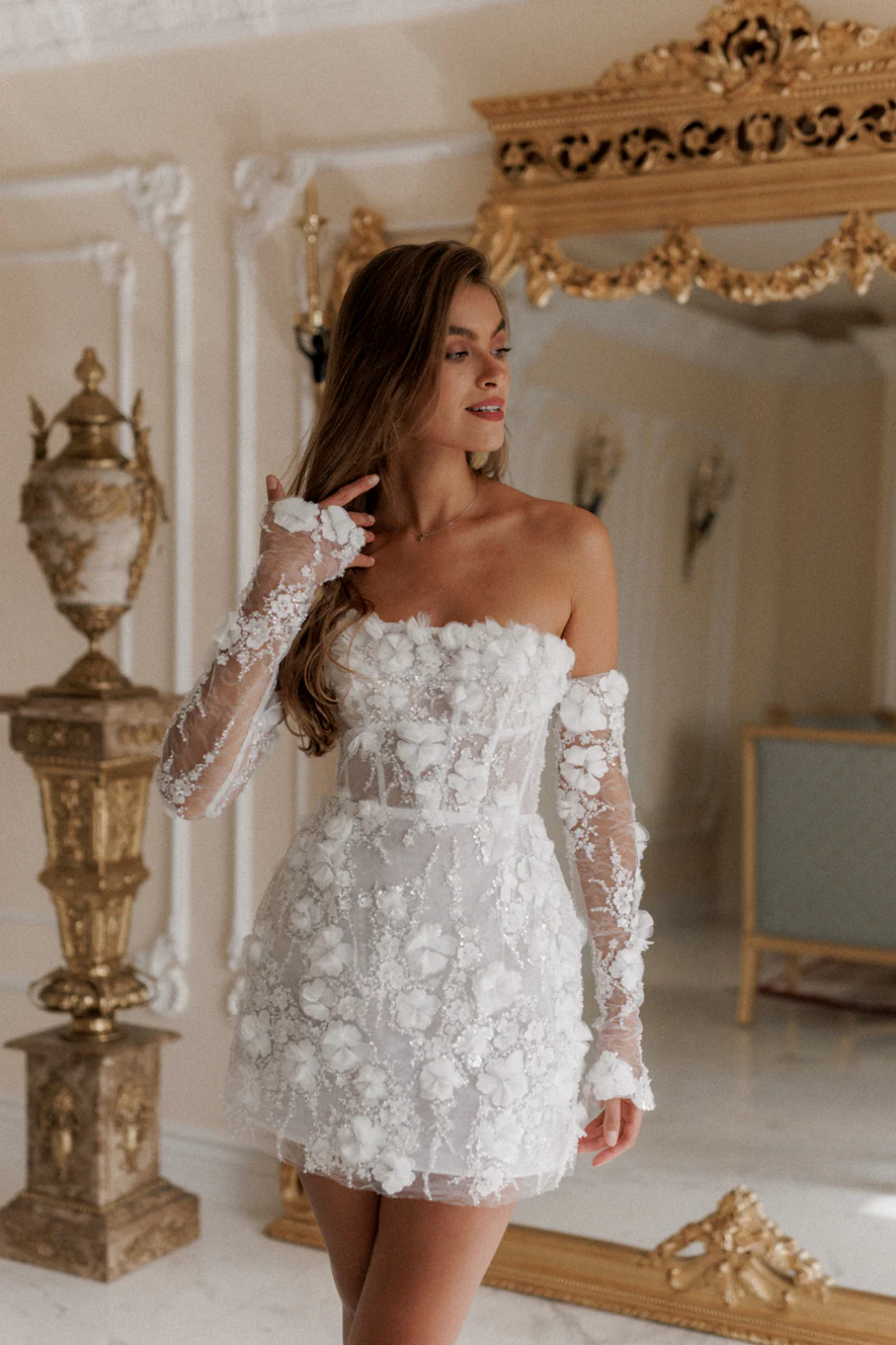 Luxury Romantic Off Shoulder Sequin Mini Wedding Dress with Arm Sleeves SW084 Sheer Fairy