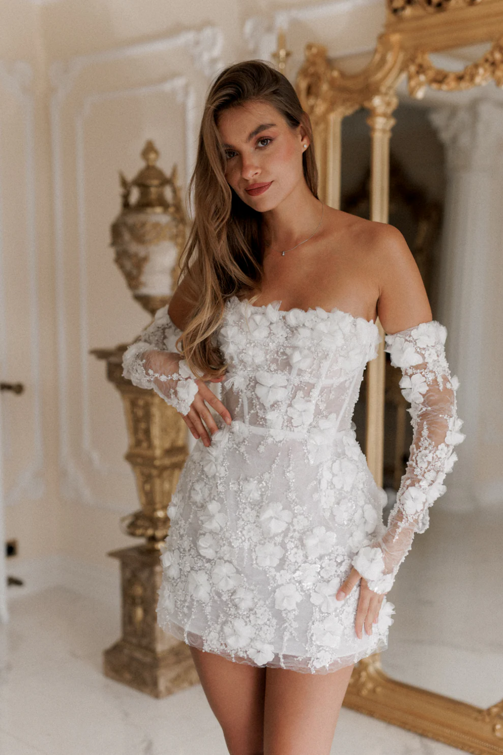 Luxury Romantic Off Shoulder Sequin Mini Wedding Dress with Arm Sleeves SW084 Sheer Fairy