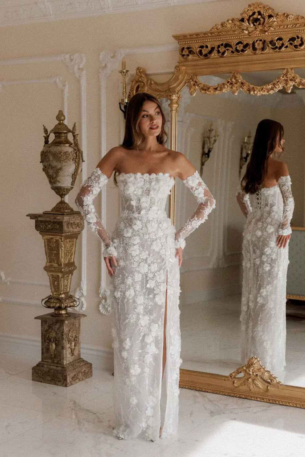 Luxury Beaded Long Sleeve Lace High Slit Wedding Dress SW085 SHEER FAIRY Luxury Beaded Long Sleeve Lace High Slit Wedding Dress SW085 SHEER FAIRY