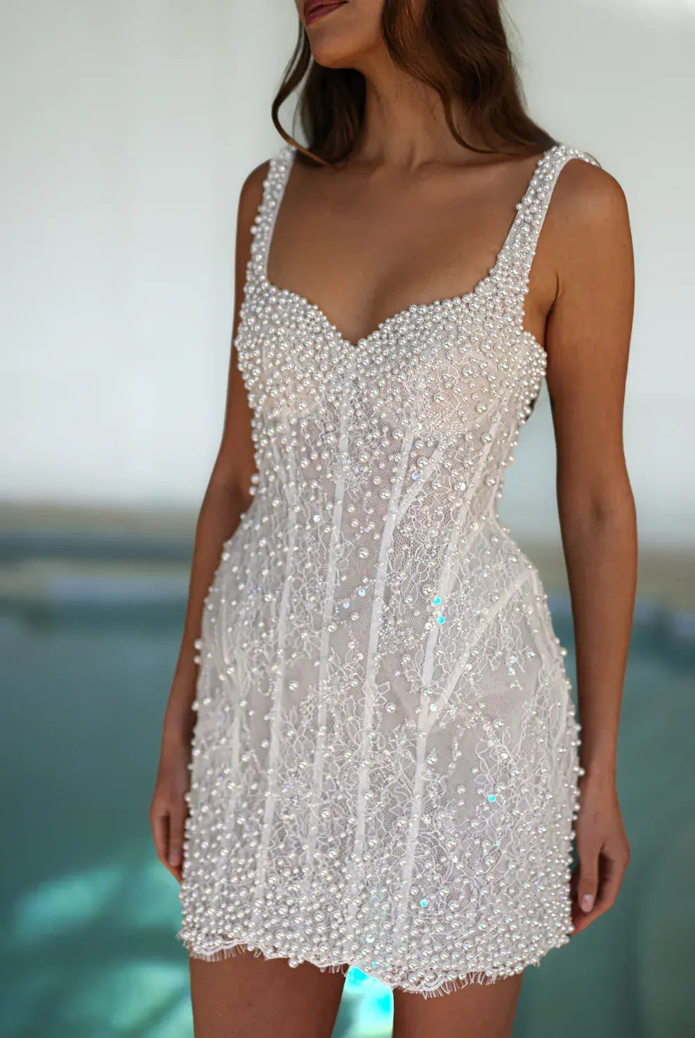 Luxury Pearl Beaded Short Wedding Dress SW089 SHEER FAIRY Luxury Pearl Beaded Short Wedding Dress SW089 SHEER FAIRY