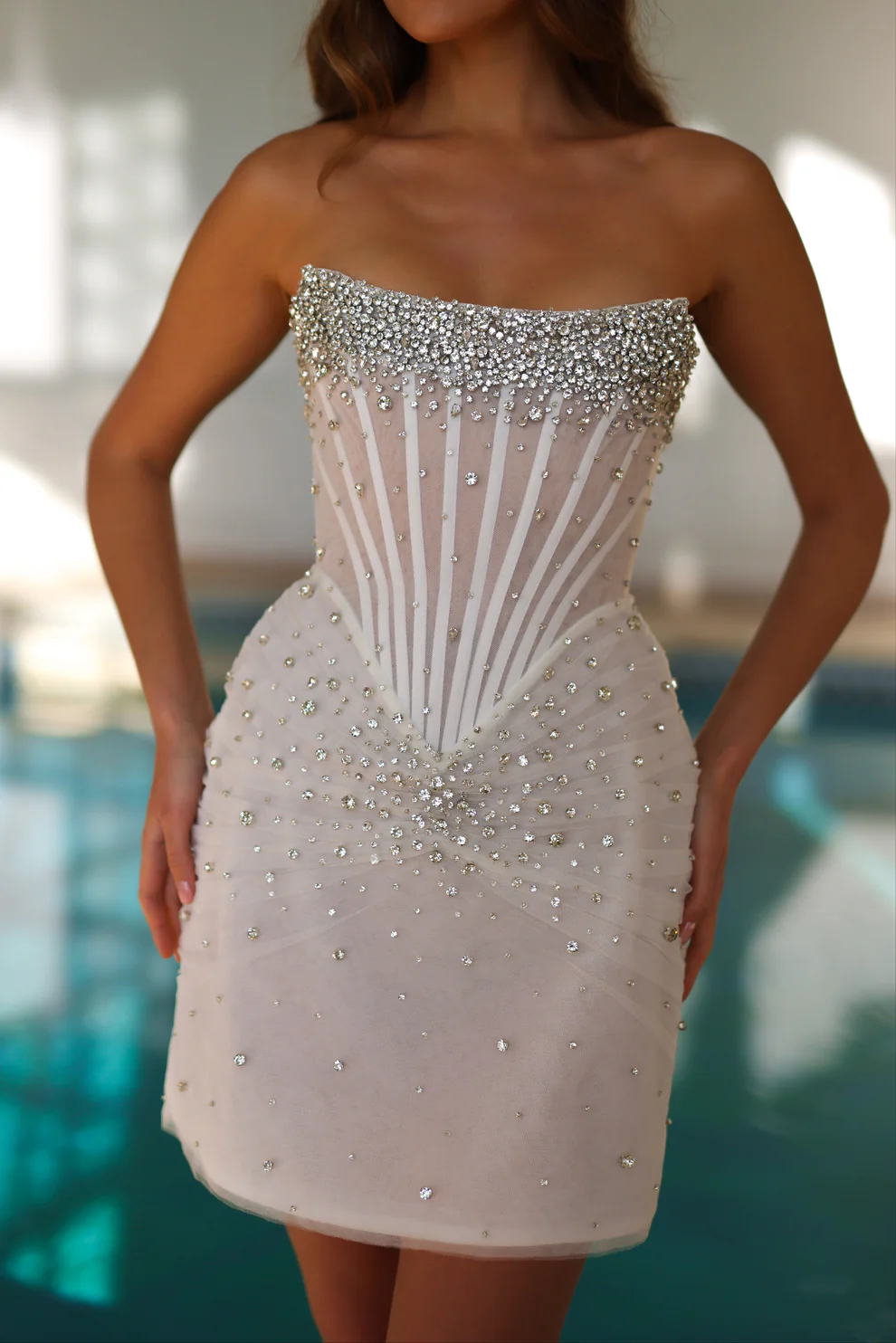 Luxury Crystal Beaded Corset Mini Wedding Dress SW095 Sheer Fairy