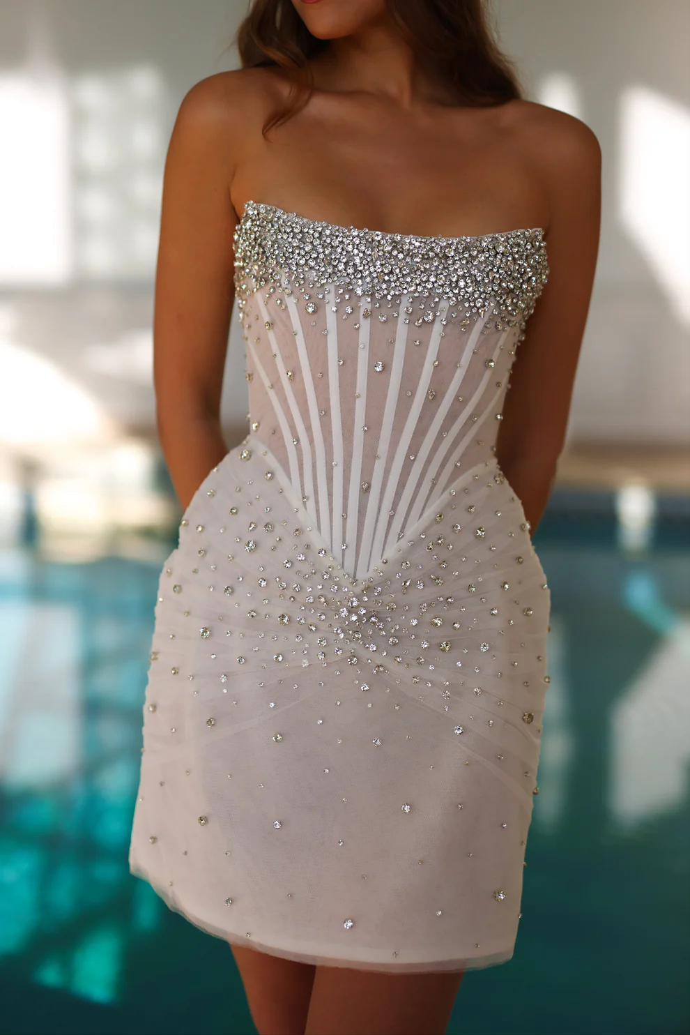 Luxury Crystal Beaded Corset Mini Wedding Dress SW095 Sheer Fairy