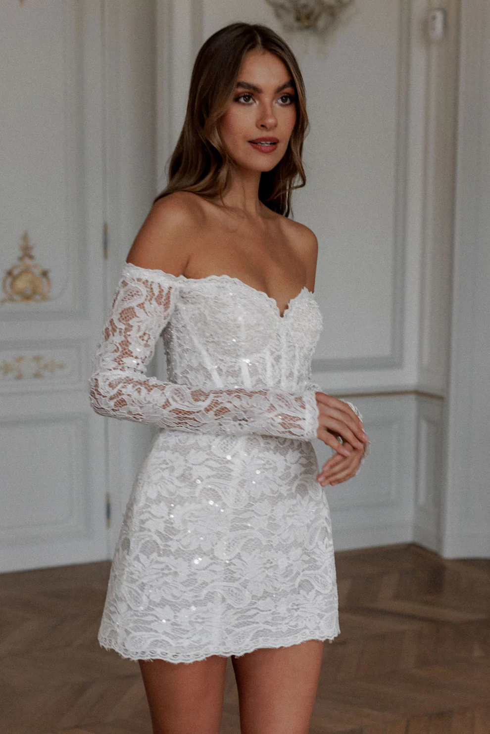 Luxury Sequin Off Shoulder Mini Wedding Dress with Long Sleeves SW099 - SHEER FAIRY