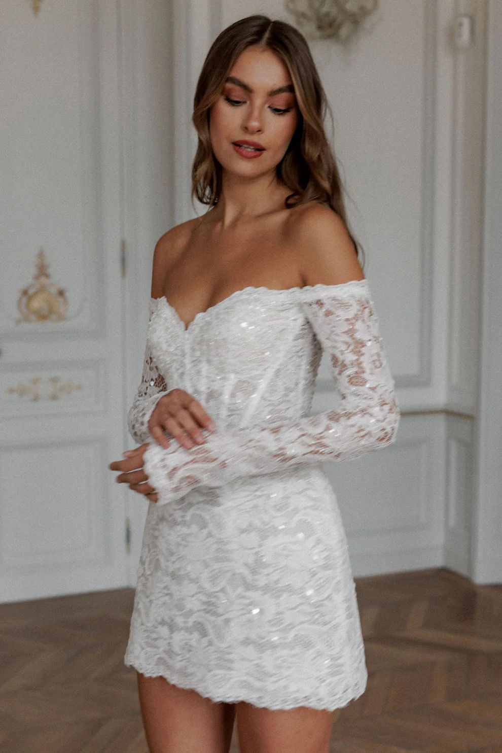 Luxury Sequin Off Shoulder Mini Wedding Dress with Long Sleeves SW099 - SHEER FAIRY