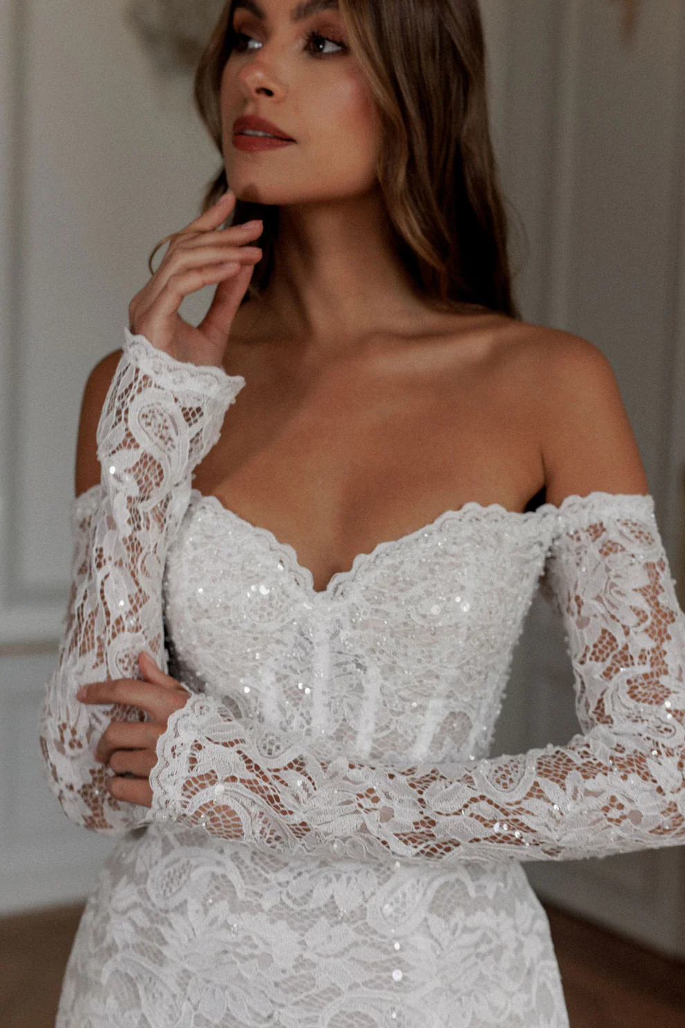 Luxury Sequin Off Shoulder Mini Wedding Dress with Long Sleeves SW099 - SHEER FAIRY
