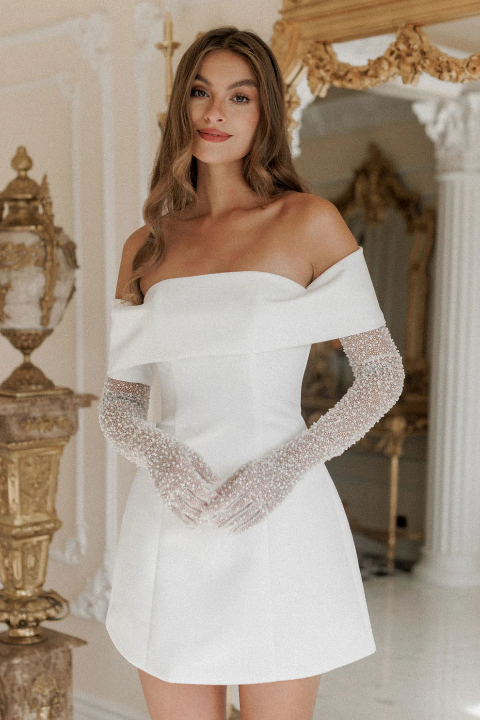 Luxury Chic Off Shoulder Satin Mini Wedding Dress with Gloves SW101 - SHEER FAIRY