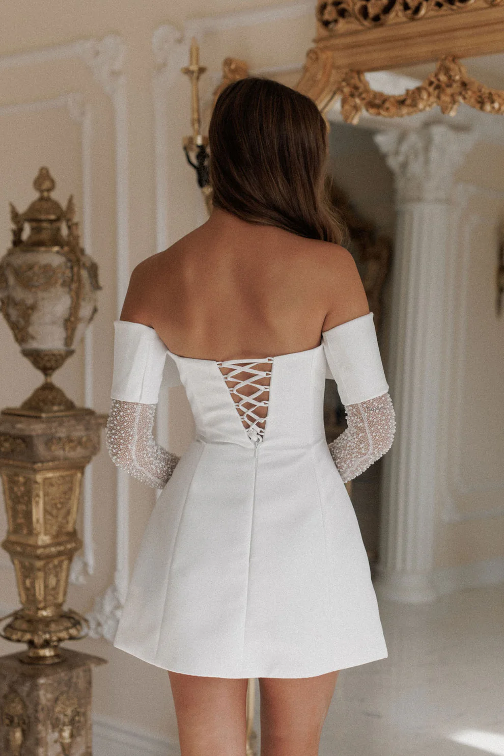 Luxury Chic Off Shoulder Satin Mini Wedding Dress with Gloves SW101 - SHEER FAIRY