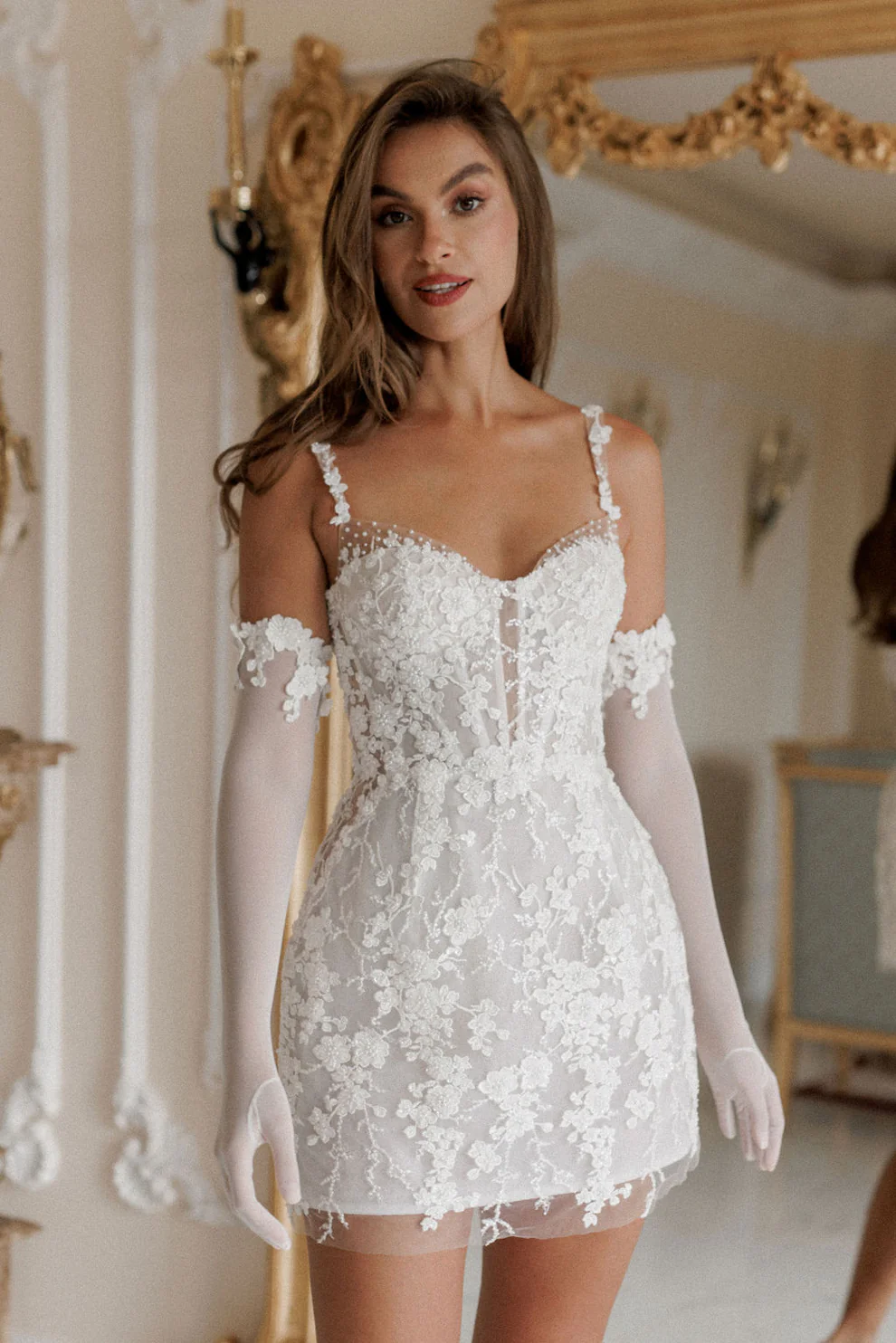 Romantic Preal Appliqué Mini Bridal Dress with Sheer Gloves SW102 - SHEER FAIRY