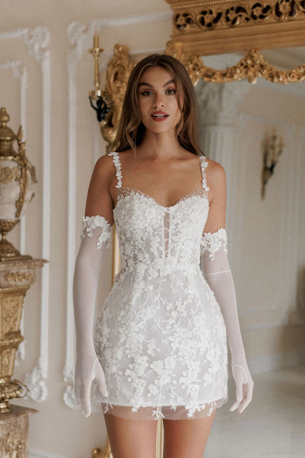Romantic Preal Appliqué Mini Bridal Dress with Sheer Gloves SW102 - SHEER FAIRY