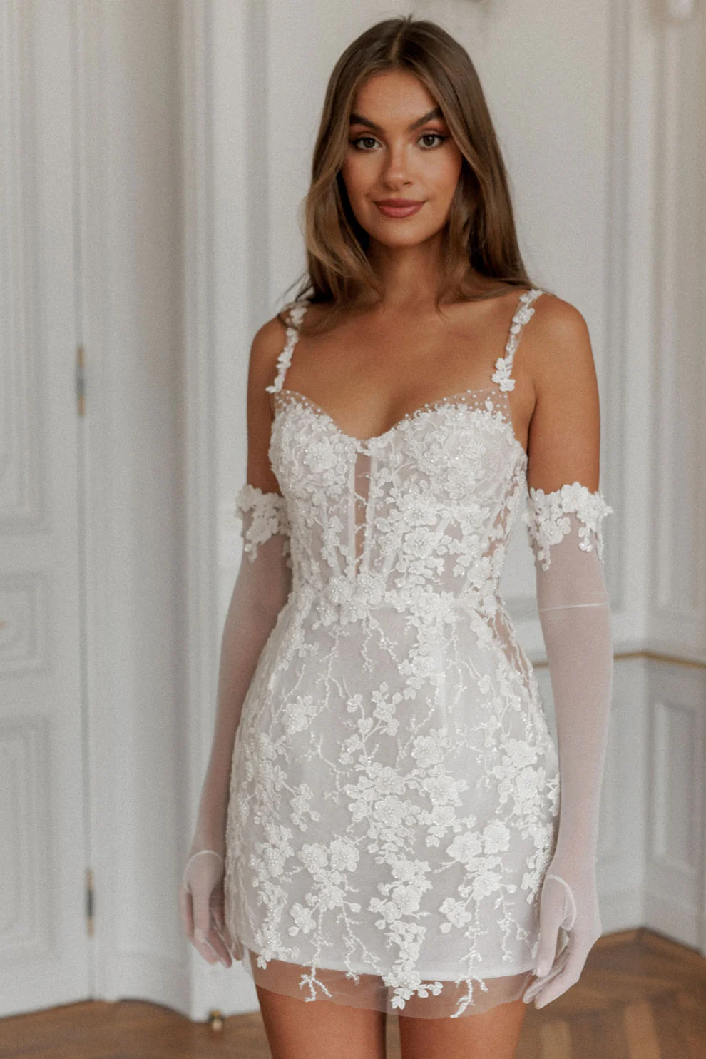 Romantic Preal Appliqué Mini Bridal Dress with Sheer Gloves SW102 - SHEER FAIRY