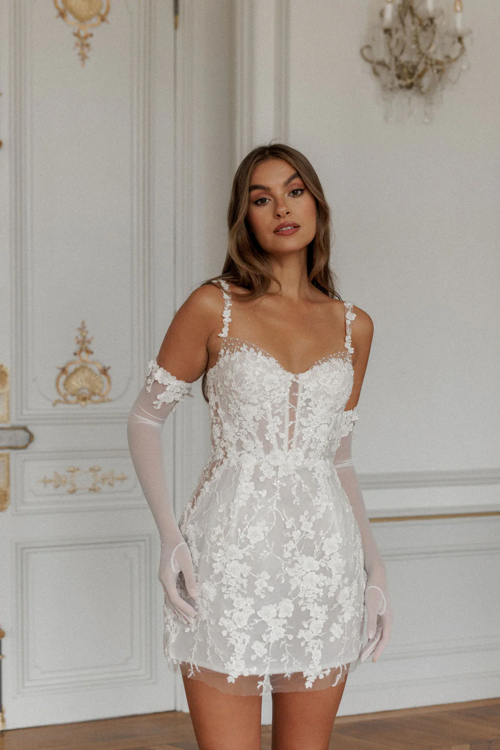 Romantic Preal Appliqué Mini Bridal Dress with Sheer Gloves SW102 - SHEER FAIRY