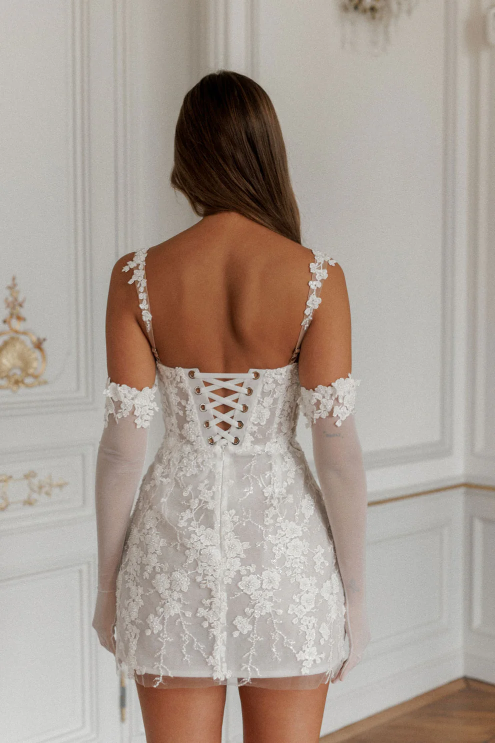 Romantic Preal Appliqué Mini Bridal Dress with Sheer Gloves SW102 - SHEER FAIRY