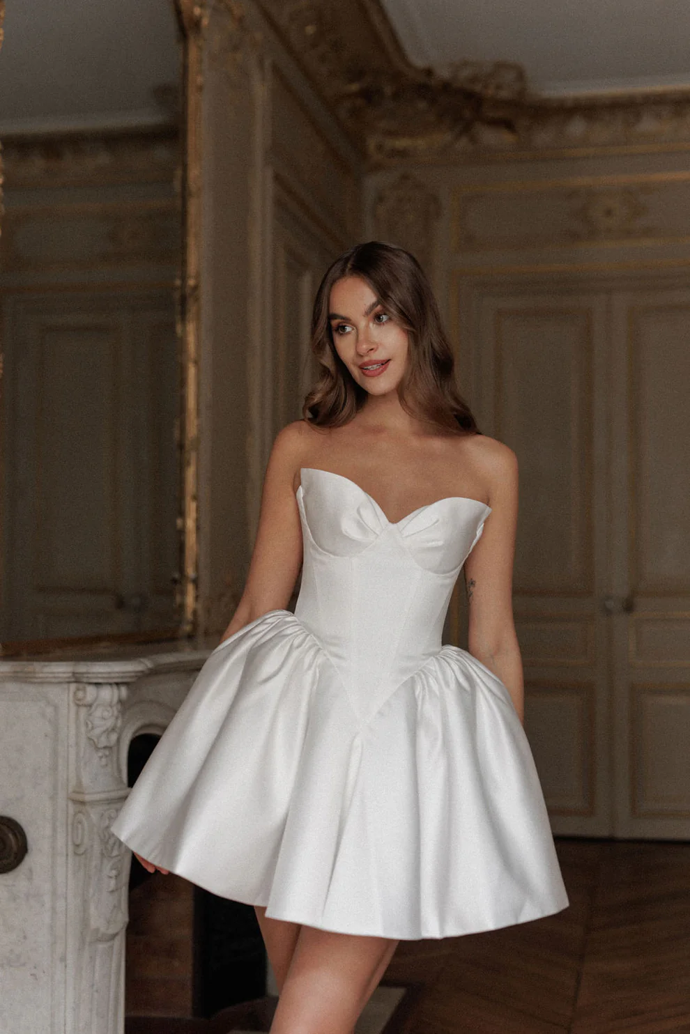 Luxury Satin Corset Mini Wedding Dress with Puffy Skirt SW103 - SHEER FAIRY