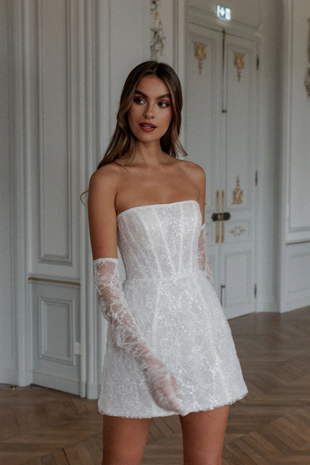 Luxury Sequins white Mini Wedding Dress with Gloves SW104 - SHEER FAIRY