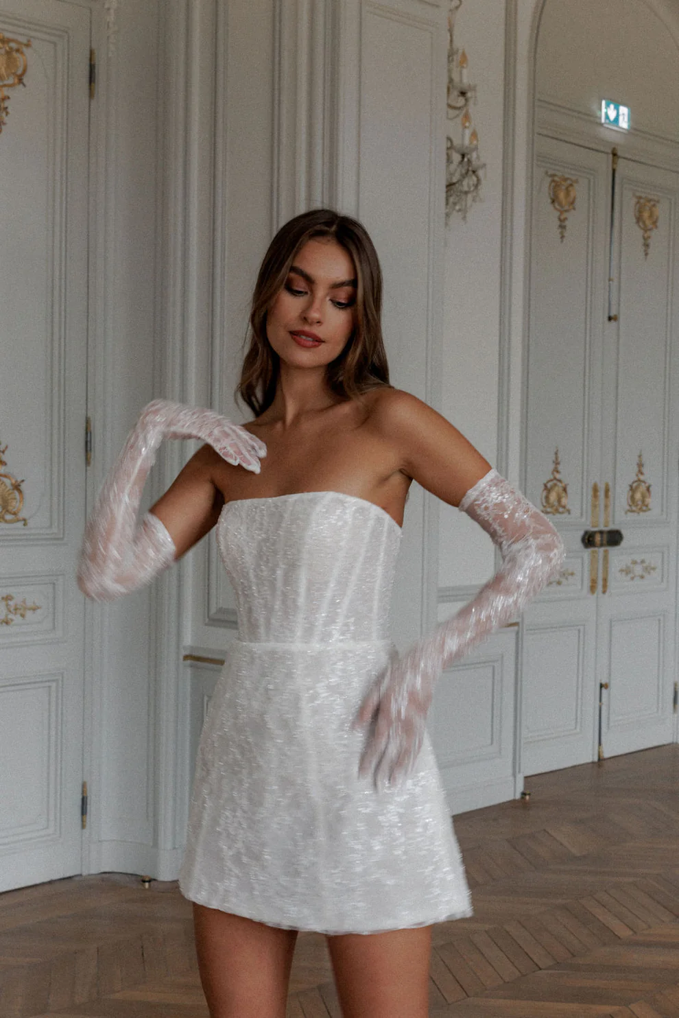 Luxury Sequins white Mini Wedding Dress with Gloves SW104 - SHEER FAIRY