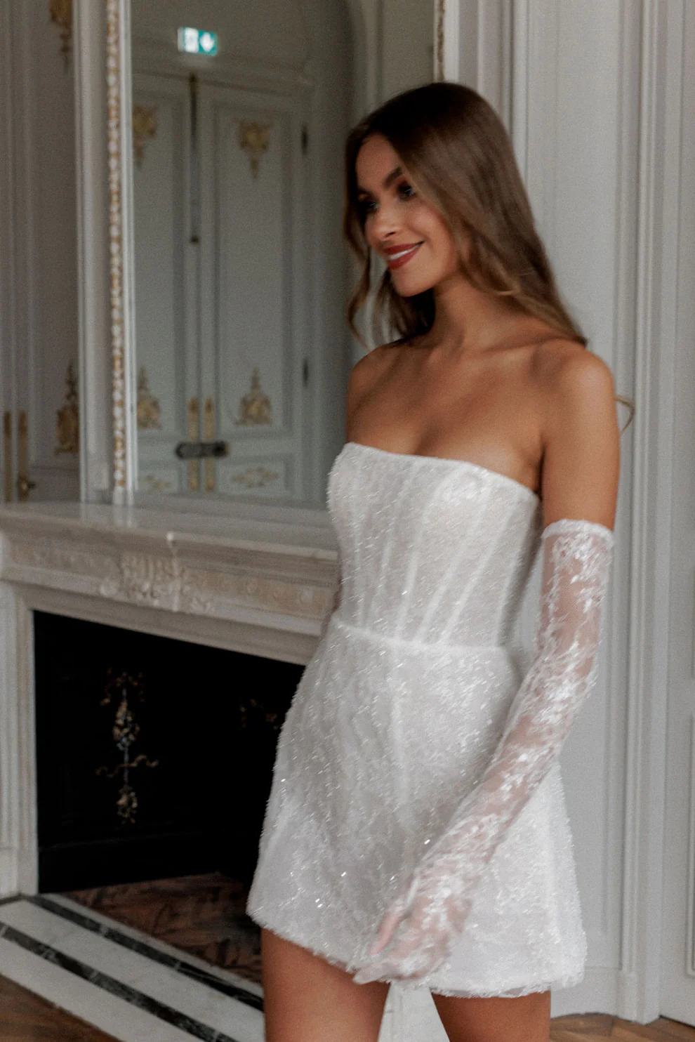 Luxury Sequins white Mini Wedding Dress with Gloves SW104 - SHEER FAIRY