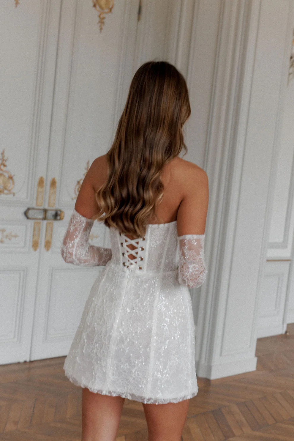 Luxury Sequins white Mini Wedding Dress with Gloves SW104 - SHEER FAIRY