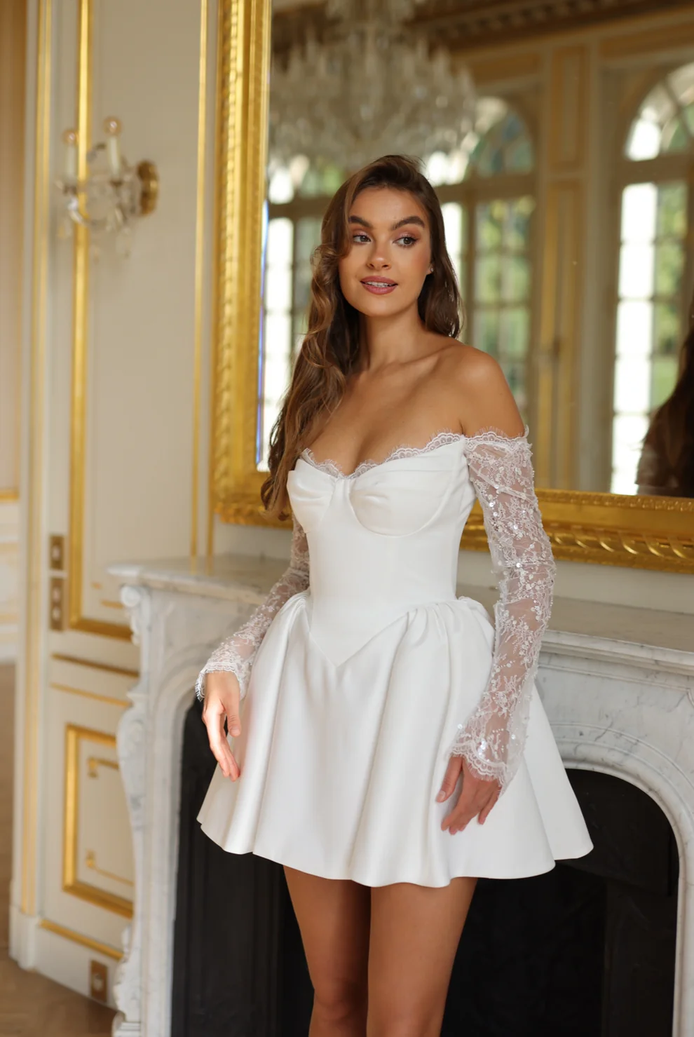 Luxury White Corset Mini Wedding Dress with Lace Sleeves SW105 - SHEER FAIRY