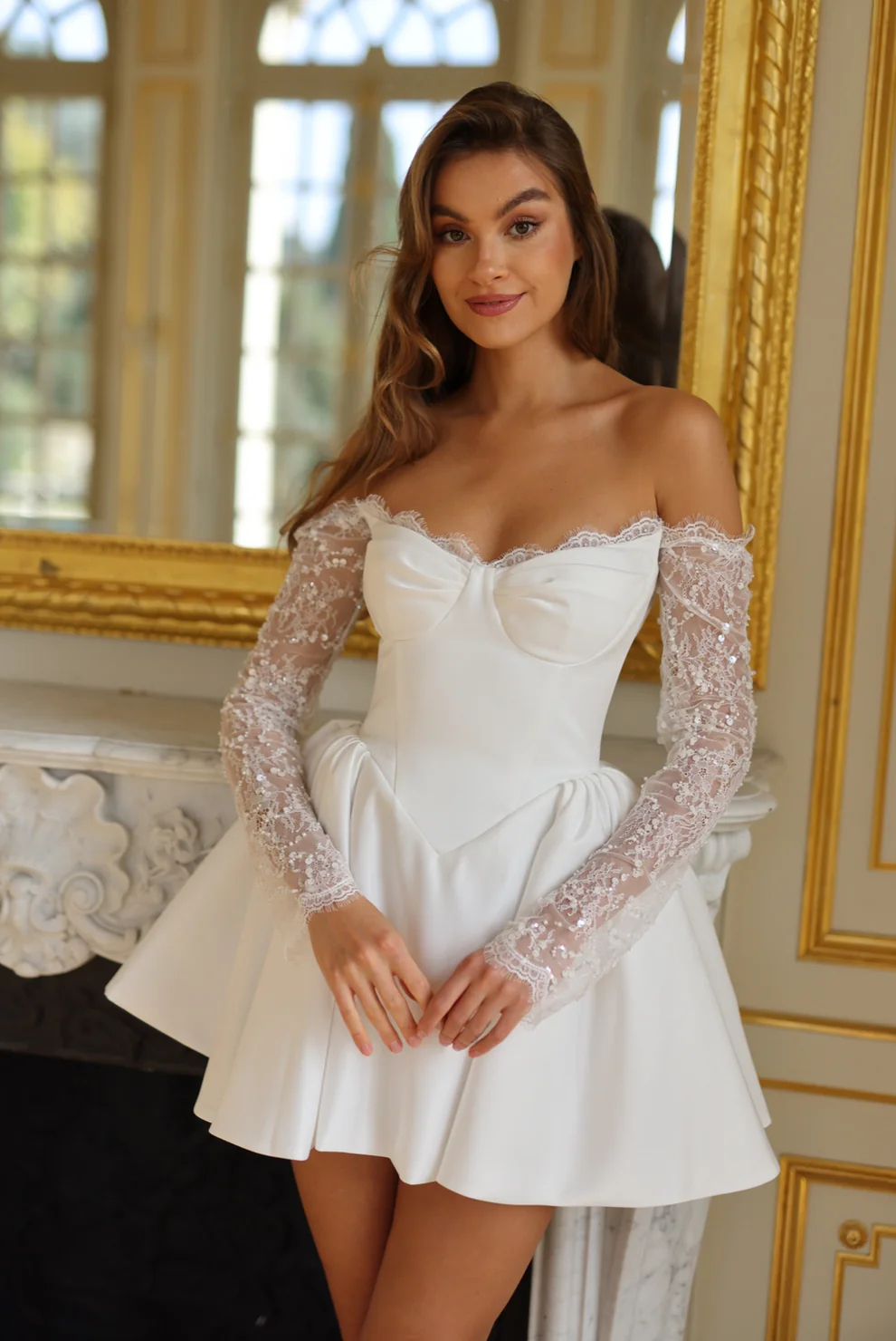 Luxury White Corset Mini Wedding Dress with Lace Sleeves SW105 - SHEER FAIRY