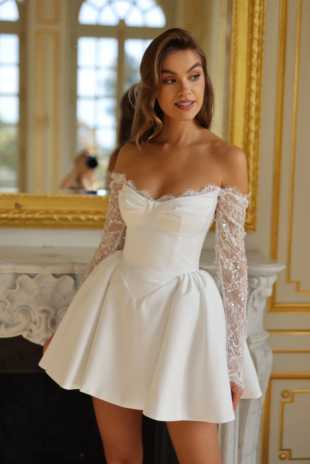 Luxury White Corset Mini Wedding Dress with Lace Sleeves SW105 - SHEER FAIRY