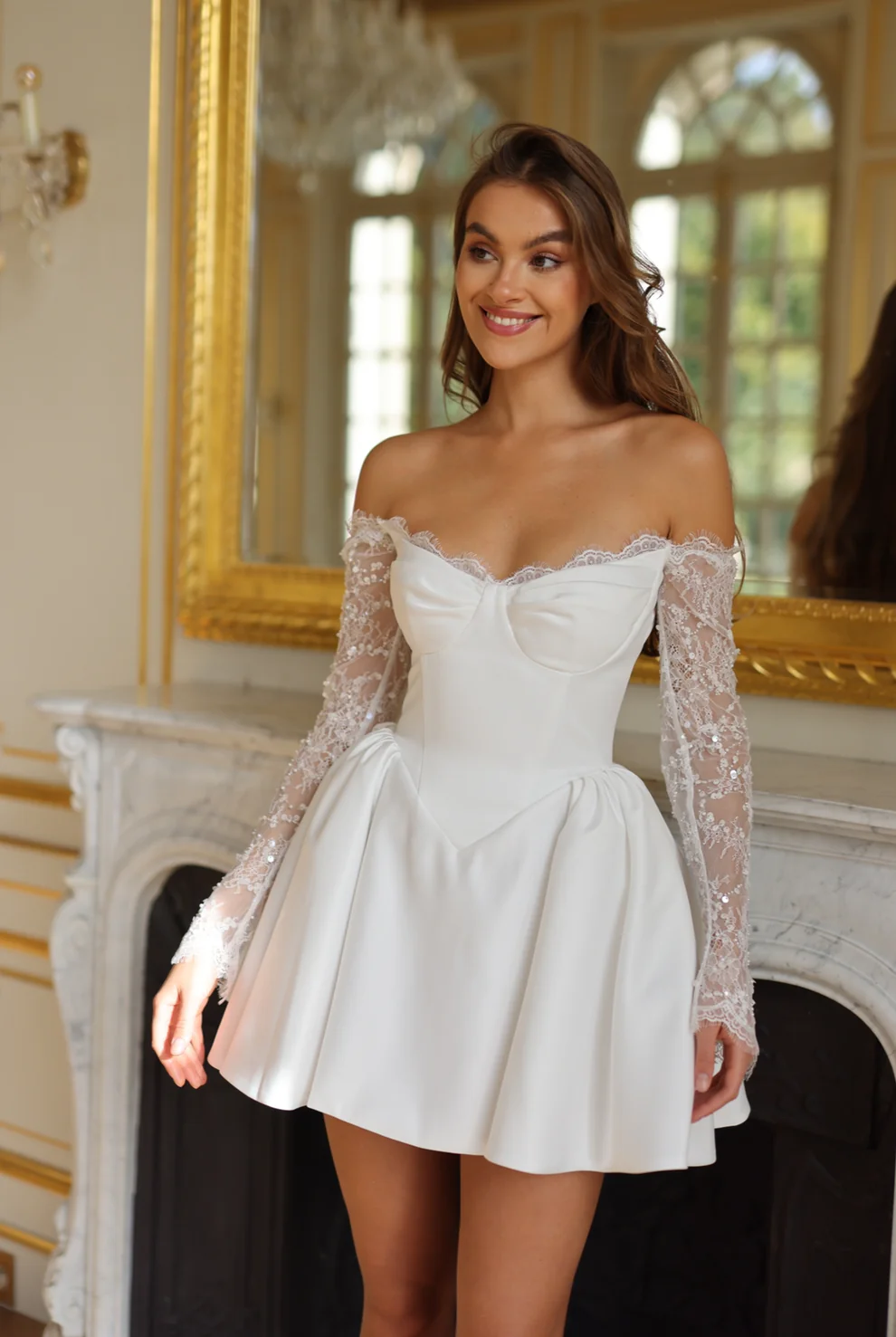 Luxury White Corset Mini Wedding Dress with Lace Sleeves SW105 - SHEER FAIRY