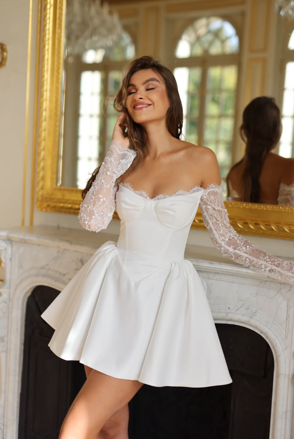 Luxury White Corset Mini Wedding Dress with Lace Sleeves SW105 - SHEER FAIRY