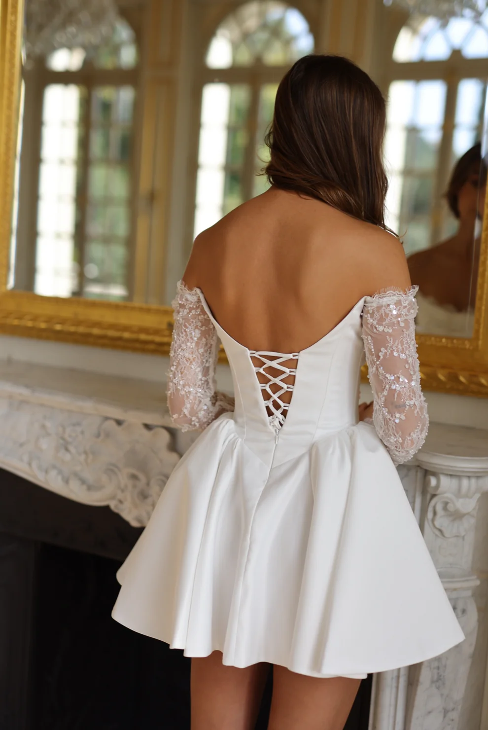 Luxury White Corset Mini Wedding Dress with Lace Sleeves SW105 - SHEER FAIRY