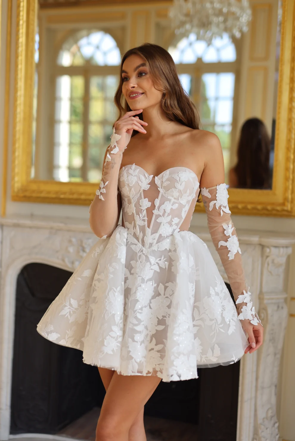 Luxury White Sequin Floral Strapless Mini Wedding Dress SW106 - SHEER FAIRY