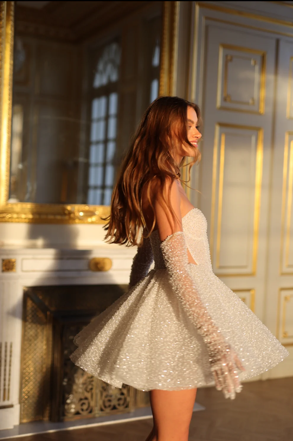 Luxury Sparkly White Corset Mini Wedding Dress with Gloves SW107 - SHEER FAIRY