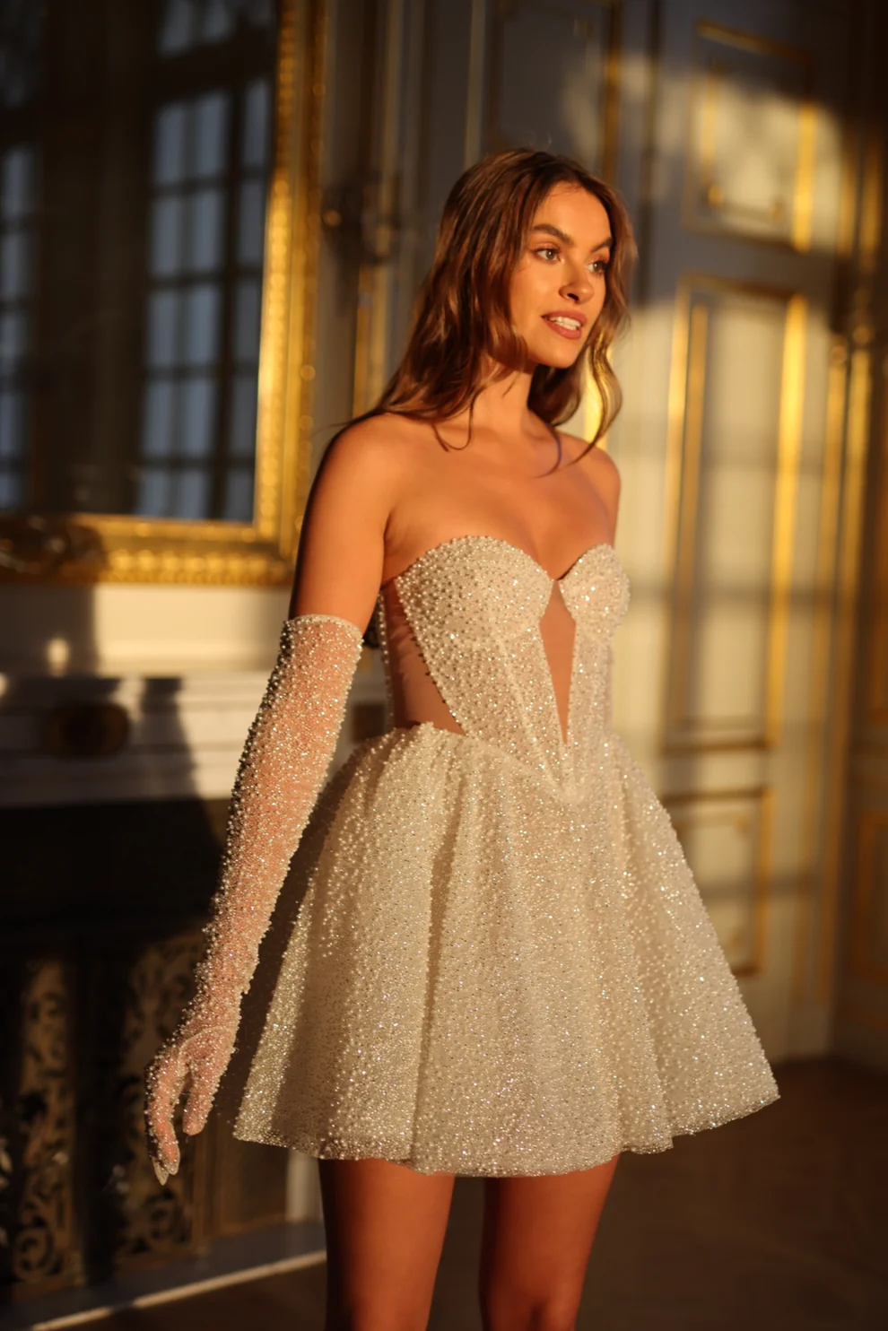 Luxury Sparkly White Corset Mini Wedding Dress with Gloves SW107 - SHEER FAIRY