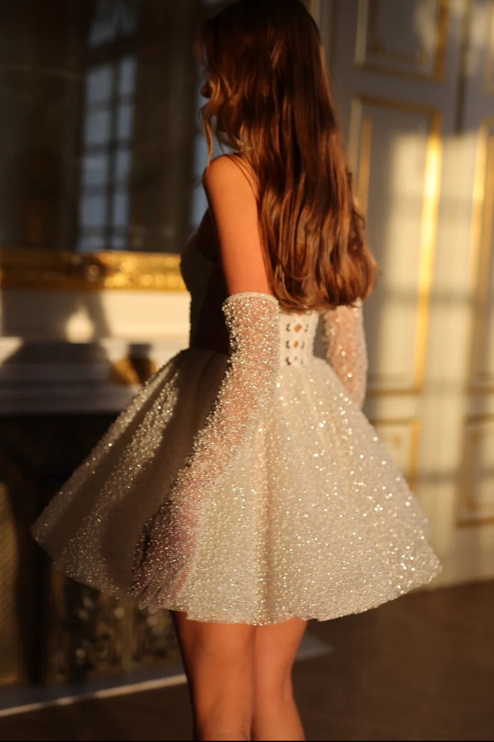 Luxury Sparkly White Corset Mini Wedding Dress with Gloves SW107 - SHEER FAIRY