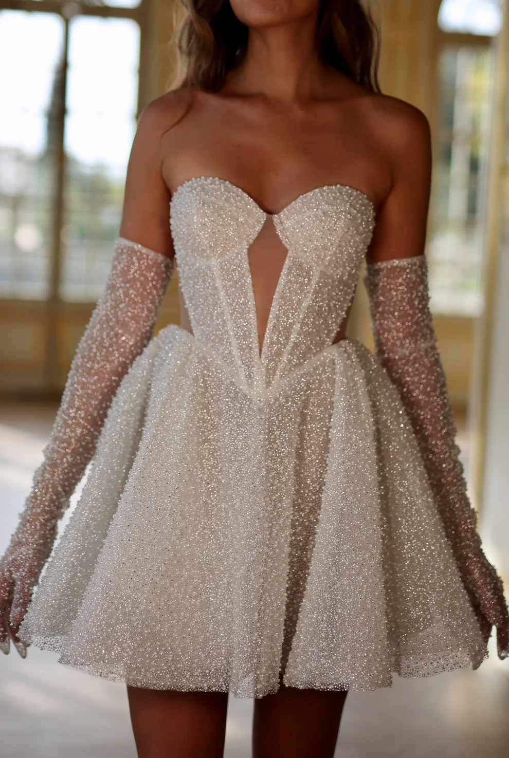 Luxury Sparkly White Corset Mini Wedding Dress with Gloves SW107 - SHEER FAIRY