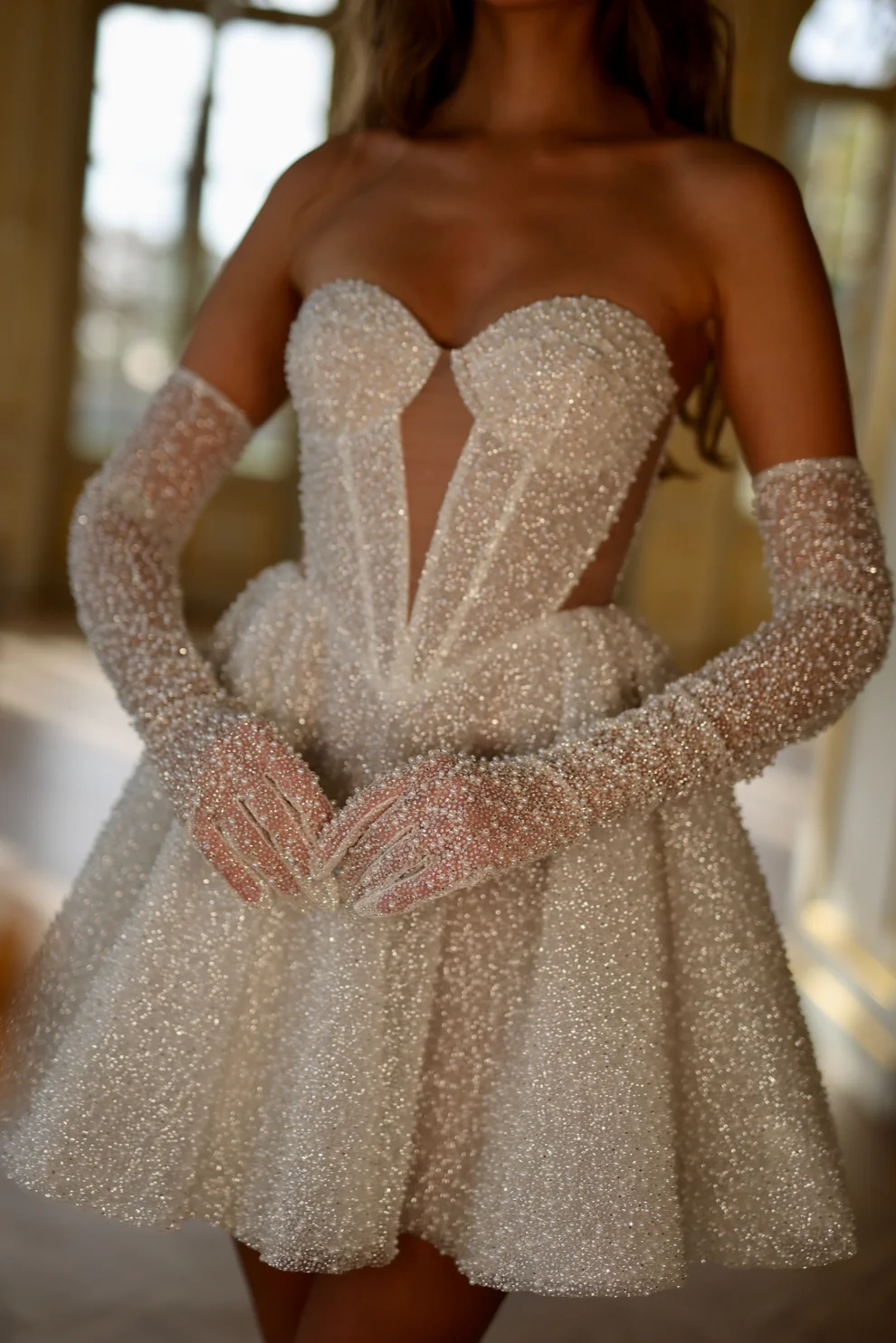 Luxury Sparkly White Corset Mini Wedding Dress with Gloves SW107 - SHEER FAIRY