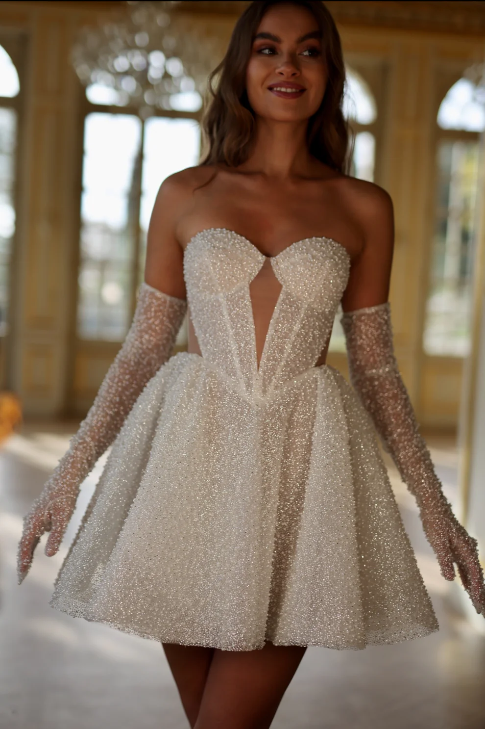 Luxury Sparkly White Corset Mini Wedding Dress with Gloves SW107 - SHEER FAIRY