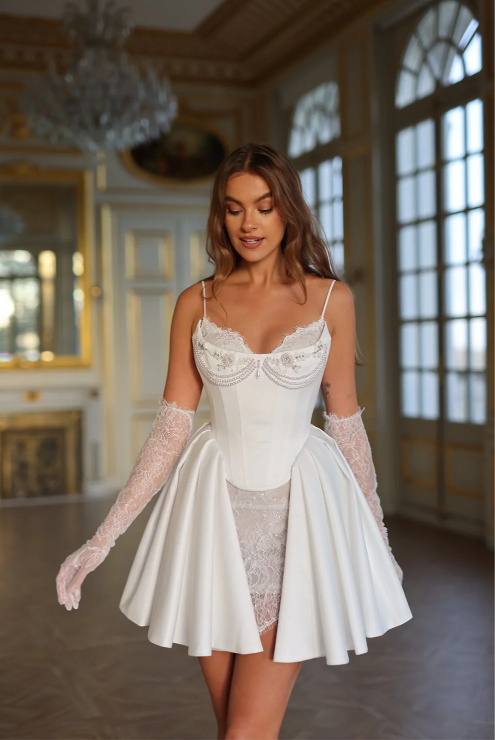 Luxury White Satin Mini Short Bridal Dress with Gloves SW108 - SHEER FAIRY