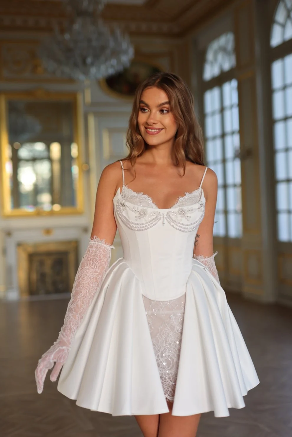Luxury White Satin Mini Short Bridal Dress with Gloves SW108 - SHEER FAIRY