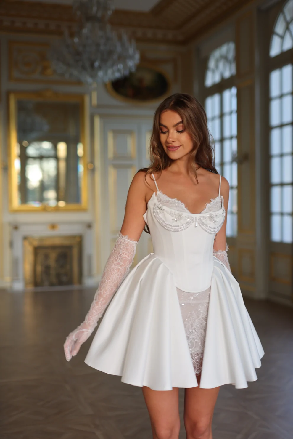 Luxury White Satin Mini Short Bridal Dress with Gloves SW108 - SHEER FAIRY