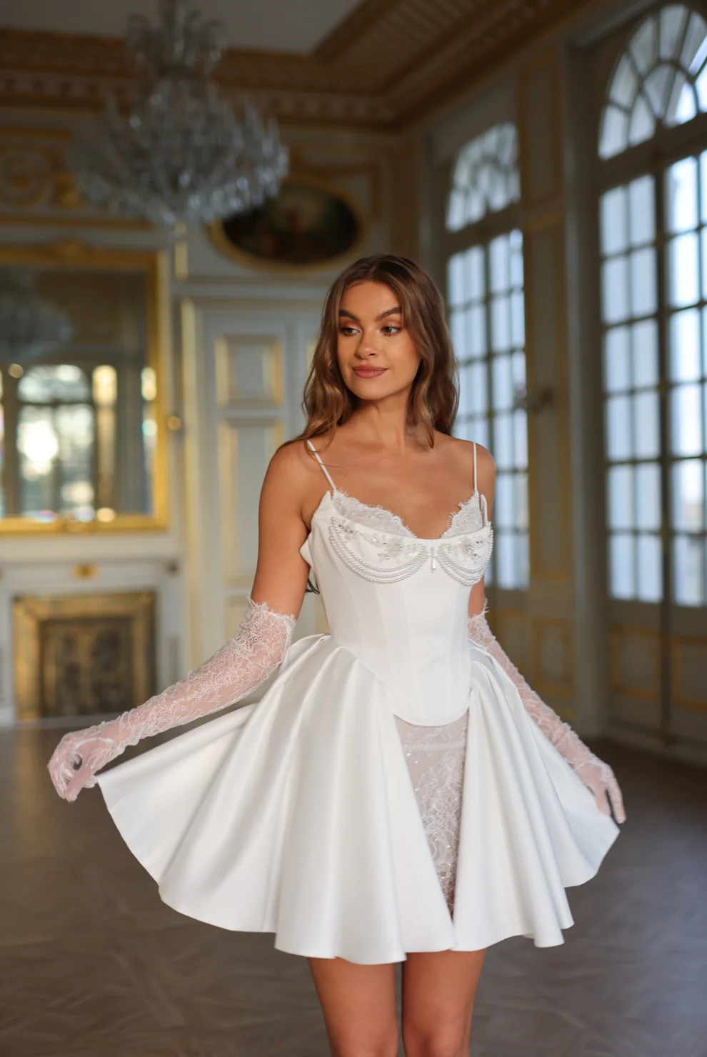 Luxury White Satin Mini Short Bridal Dress with Gloves SW108 - SHEER FAIRY