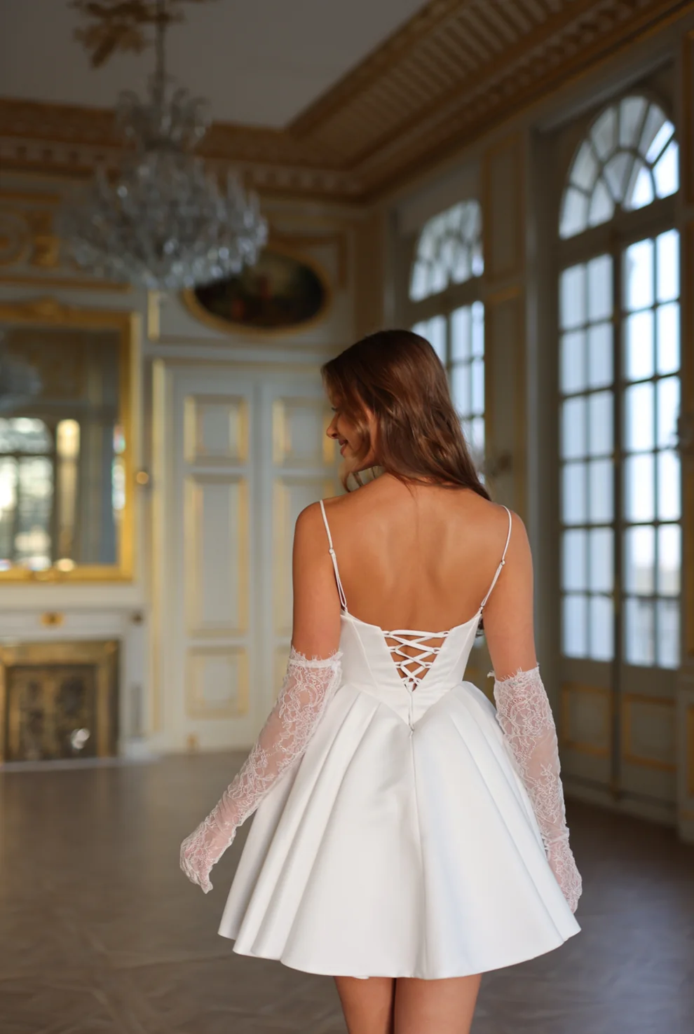 Luxury White Satin Mini Short Bridal Dress with Gloves SW108 - SHEER FAIRY