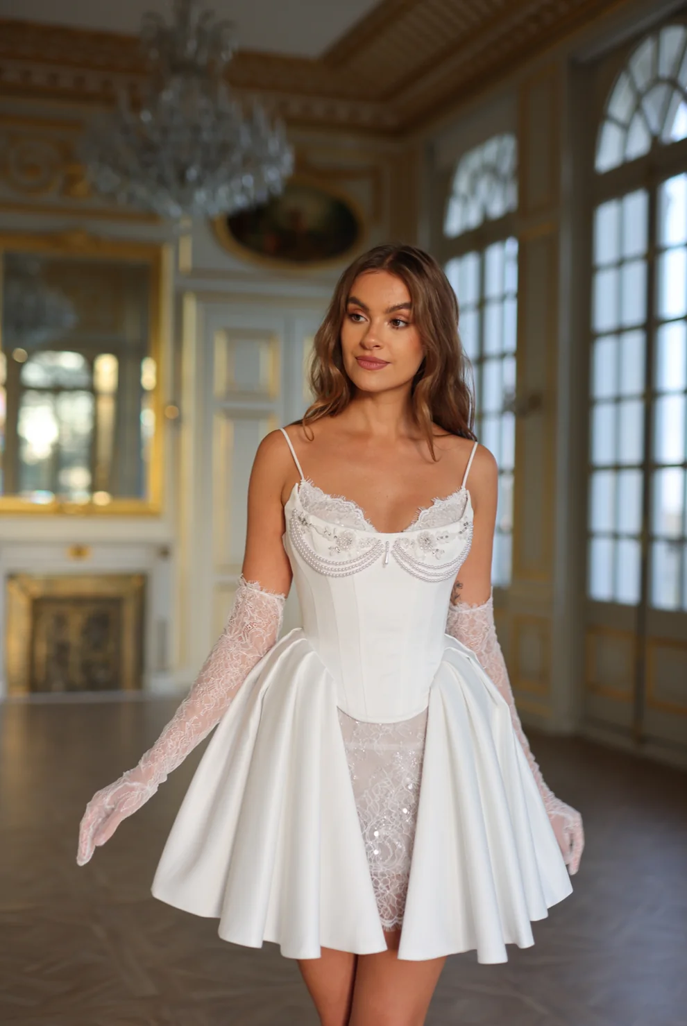 Luxury White Satin Mini Short Bridal Dress with Gloves SW108 - SHEER FAIRY