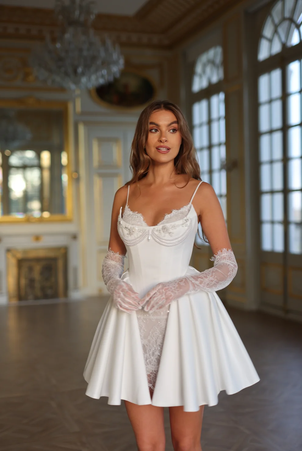 Luxury White Satin Mini Short Bridal Dress with Gloves SW108 - SHEER FAIRY