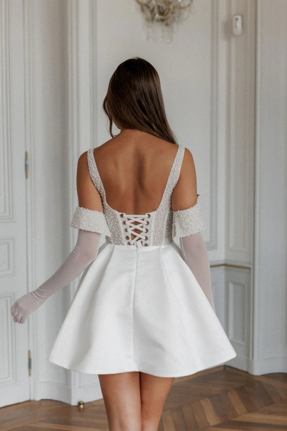 Elegant Corset Pearl Short Wedding Dress with Gloves SW110 - SHEER FAIRY