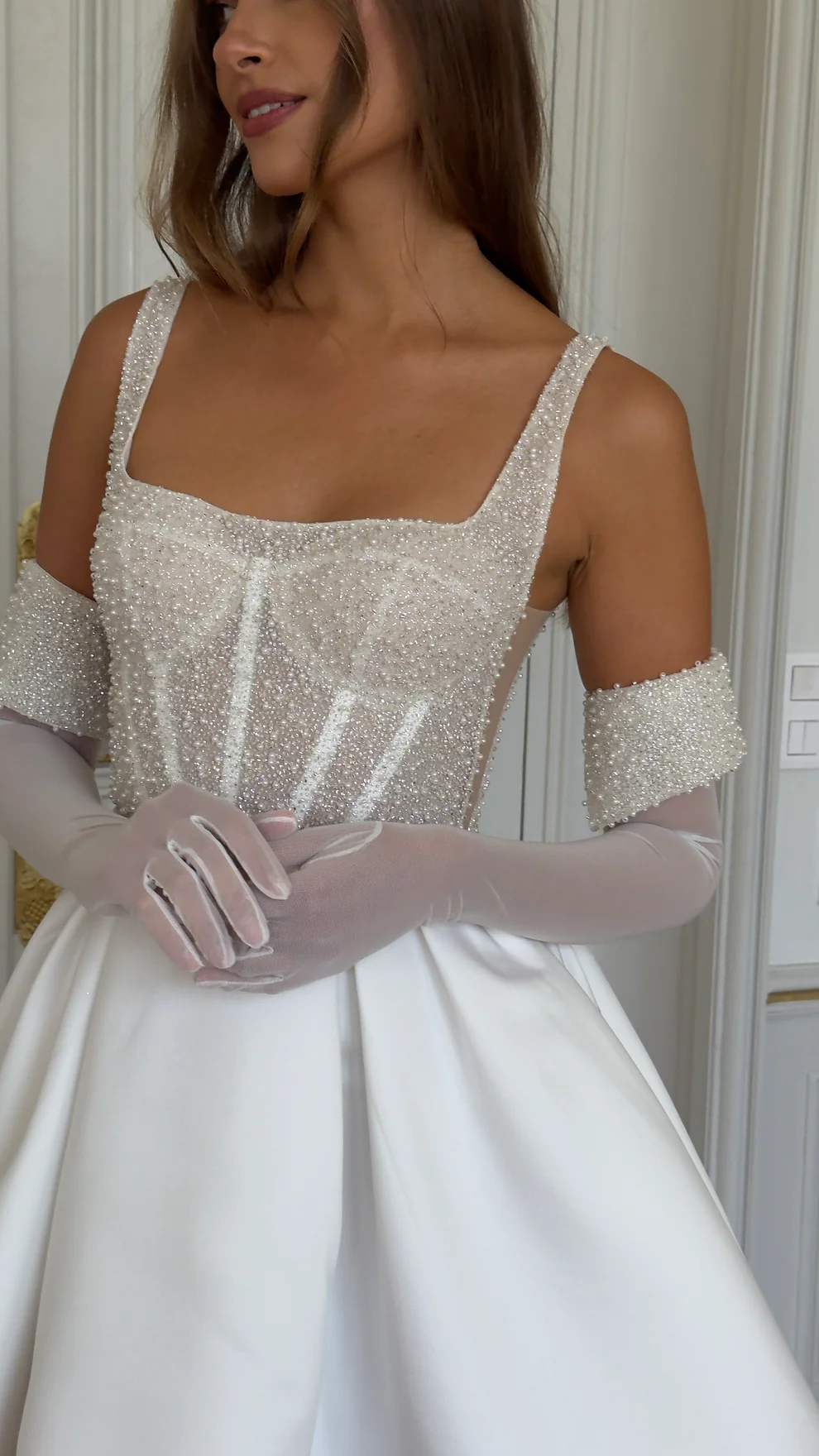 Elegant Corset Pearl Short Wedding Dress with Gloves SW110 - SHEER FAIRY
