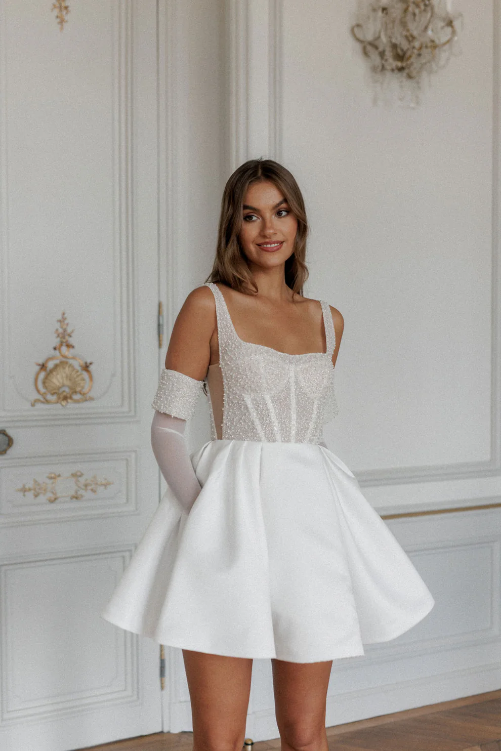 Elegant Corset Pearl Short Wedding Dress with Gloves SW110 - SHEER FAIRY
