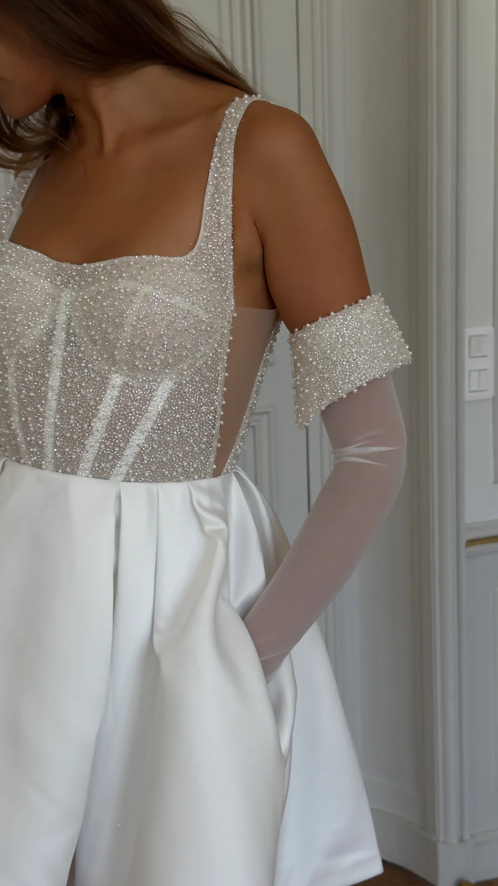 Elegant Corset Pearl Short Wedding Dress with Gloves SW110 - SHEER FAIRY